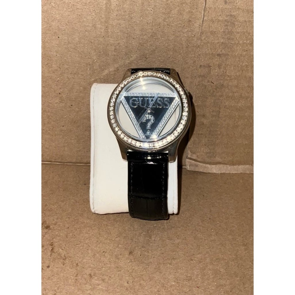 Guess Womens Watch Silver Crystal Bezel Black Faux Leather Strap Triangle y2k